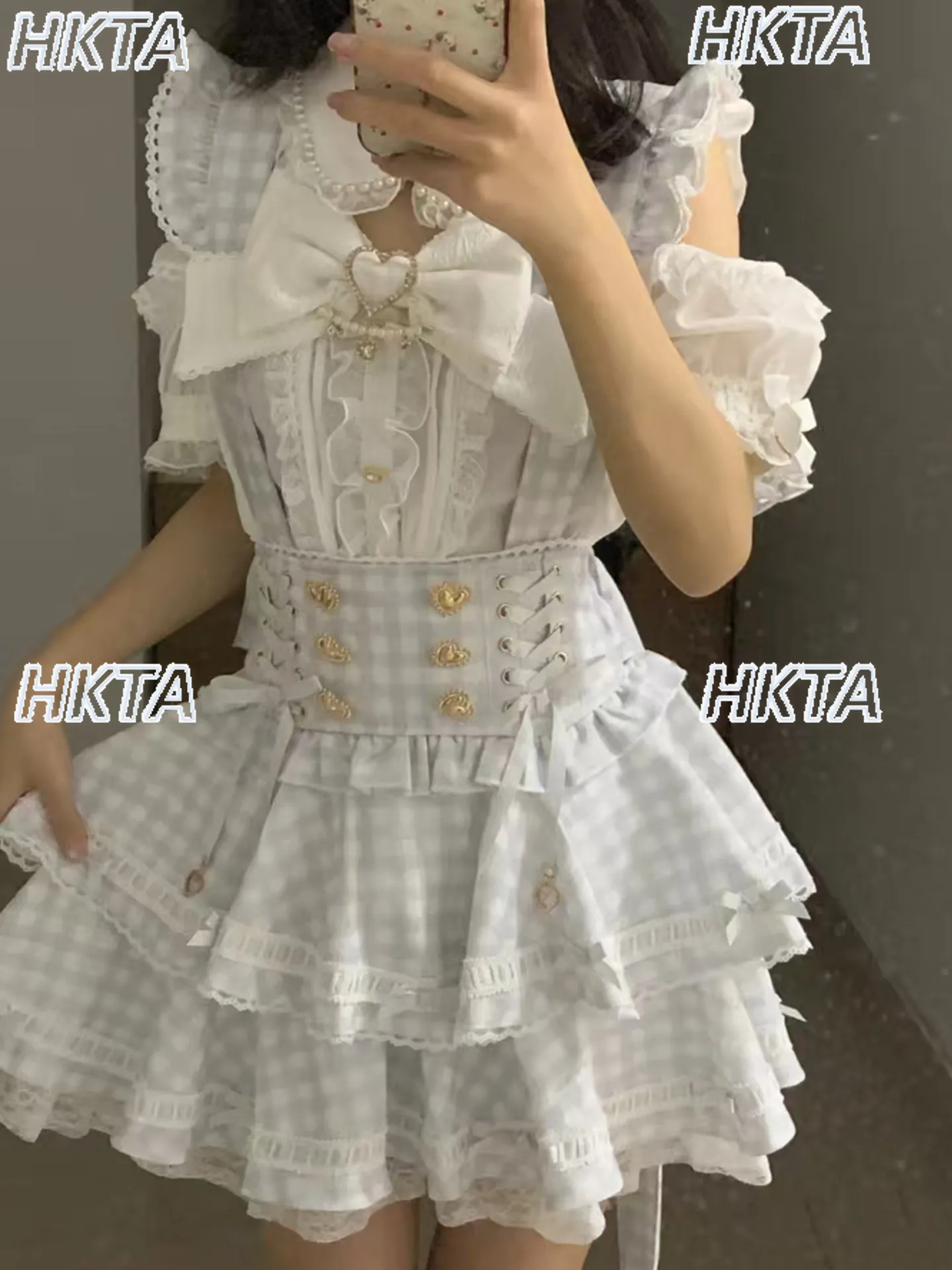 

Japanese Style Jirai Kei Skirt Lace Sweet Cute Preppy Style Summer New High Waist Double Breasted Bow Suspender Skirt Top Girls