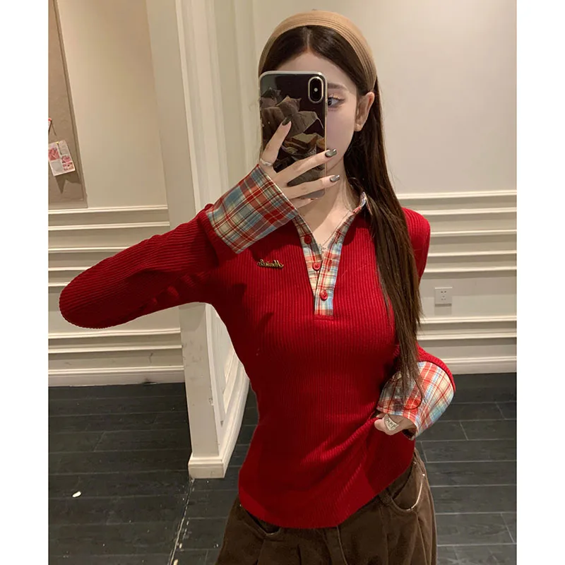 Preppy Polo Neck Plaid Long Sleeve Layered T Shirt Women Fake Two-piece Basic Top V Neck Button Blouses Tees Embroidery