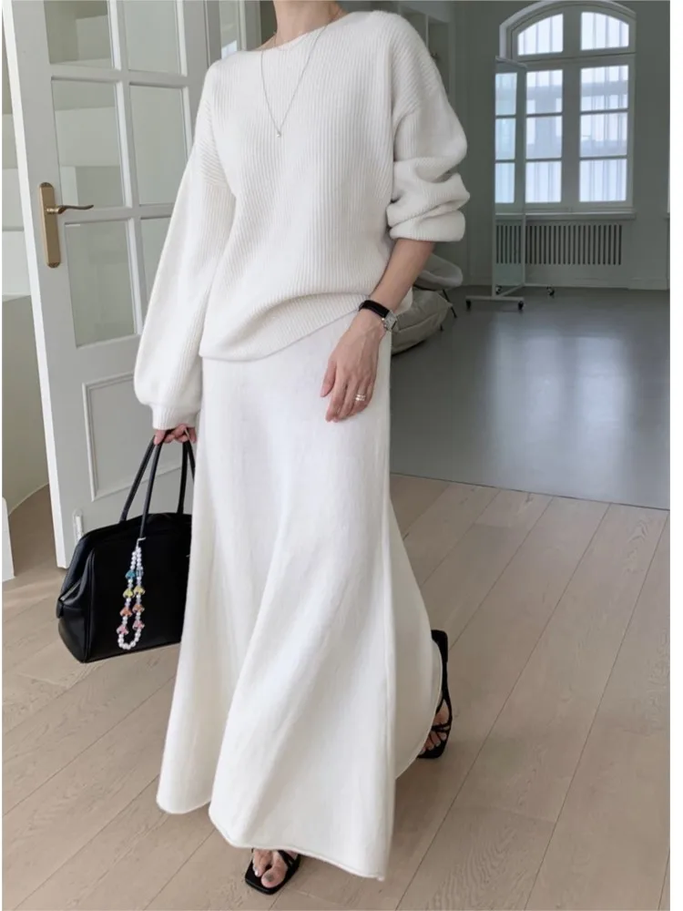 Knitted Autumn 2 Two Piece Set Women Korean Style Loose Ladies Sweaters Fishtail Ruffle Pleated Fashion Woman Long Skirts