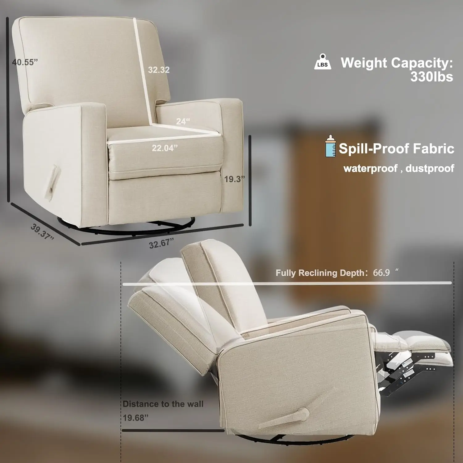 Swivel Rocker Recliner Chair,  Rocking Chair Nursery, Fabric Chair with High Back, Deep Seat image 3