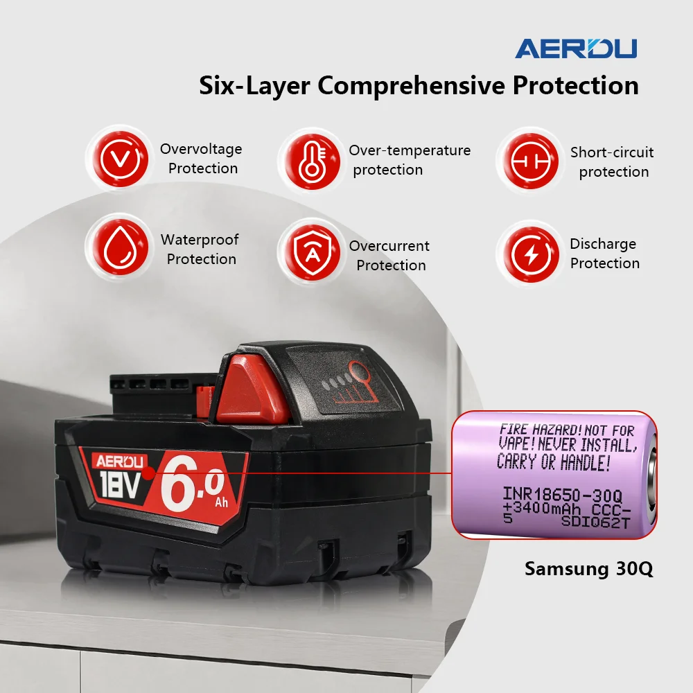 

Аккумуляторы AERDU 6Ач 18В для электроинструментов Milwaukee 18В M18, новые литий-ионные батареи 30Q 18В M18B6 18В XC, реальный номер 48-11-181