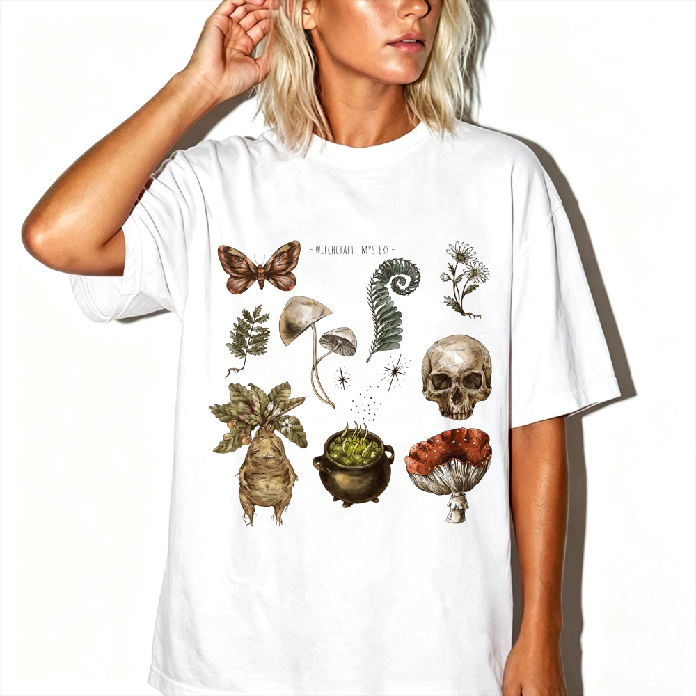 Herbology Botanical Chart Graphic T Shirt Vintage Mandrake Mushroom Moth Skull Cauldron Fern Wildflower Print Witchy Cottagecore