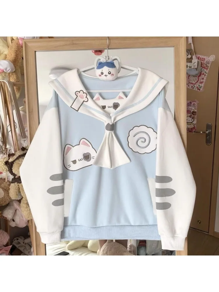 هوتشو Y2k الوردي Kawaii القط Juminocore النساء بلوزات الأزرق Cutecore بحار طوق النمط الياباني البلوفرات الحلو فضفاض Preppy