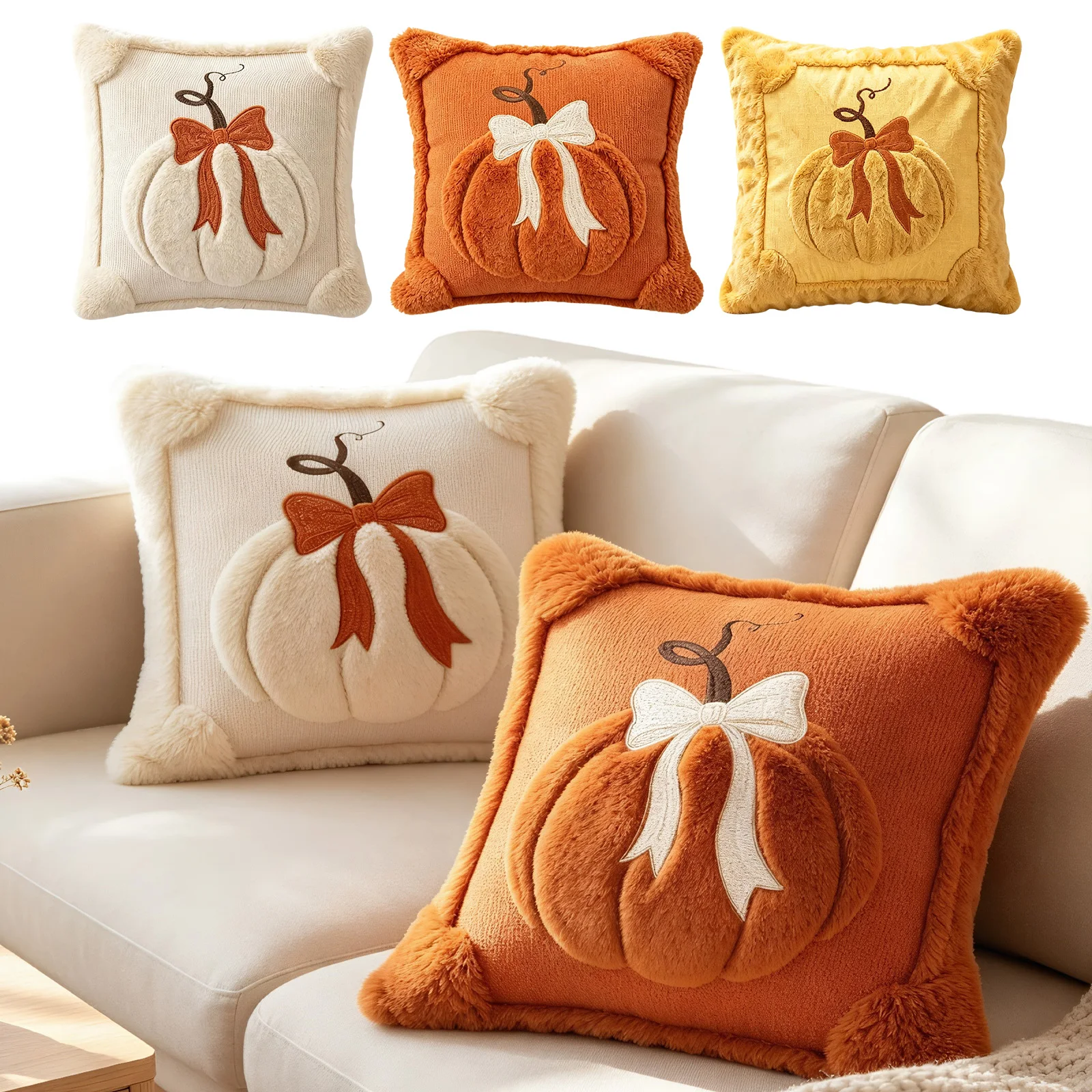 Pumpkin Throw Pillow Cover 18x18 Orange Plush Fall Autumn Halloween Thanksgiving Harvest Sofa Couch Cushion Farmhouse