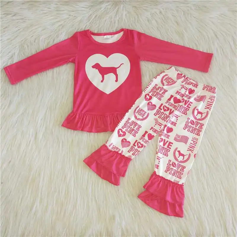 

2022 Rts Daily Wearing New Design Pink dog Print Long Sleeve Shirt Pink Lace Letters Pants Fashion Children High Quality Baby