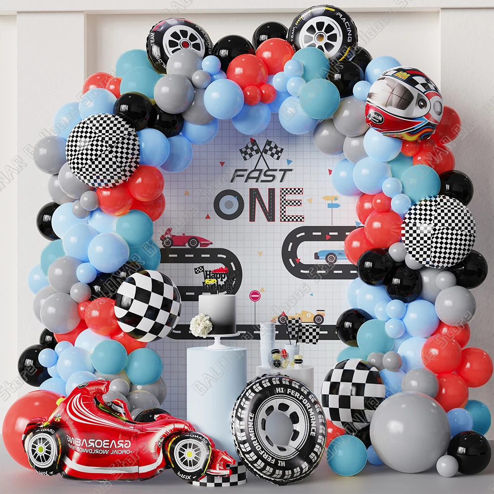 147Pcs Racing Car Theme Balloon Garland Arch Kit Checkered Car   Wheel Foil Balloon Boy's Birthday Party Baby Shower Decoration