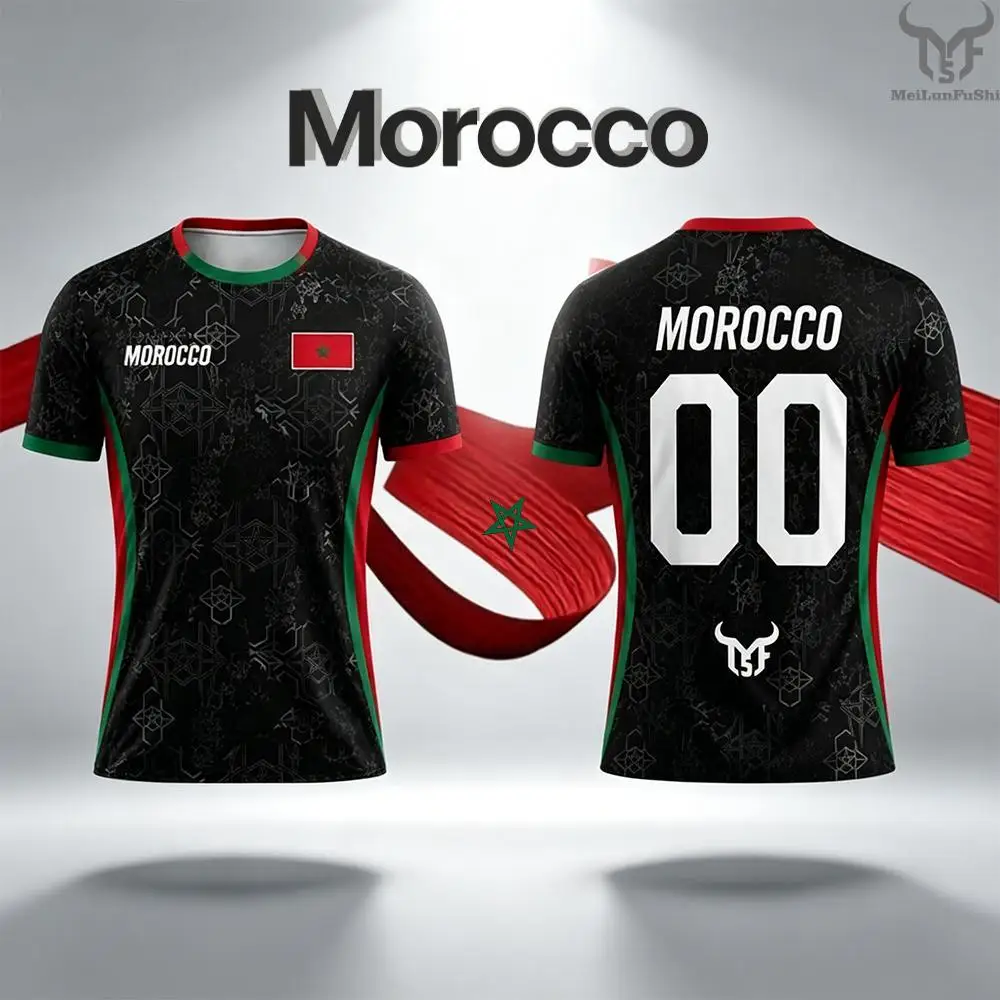 

Morocco Flag Print Football Jersey Summer Customizable Name Number O-neck Short-sleeved Men Women Kids Quick Dry Soccer T-shirt