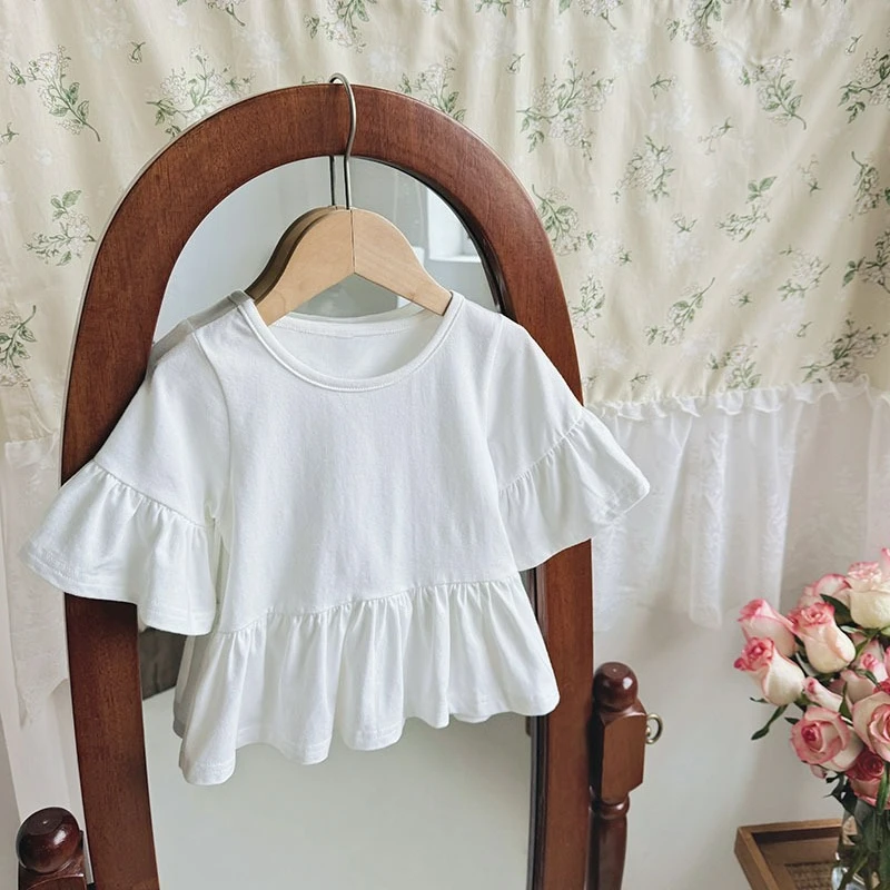 Baby Girls' Solid Color Doll Shirt Summer Outfit Korean Japan Version Cotton Trumpet Lotus Leaf Mid Sleeved Loose Top