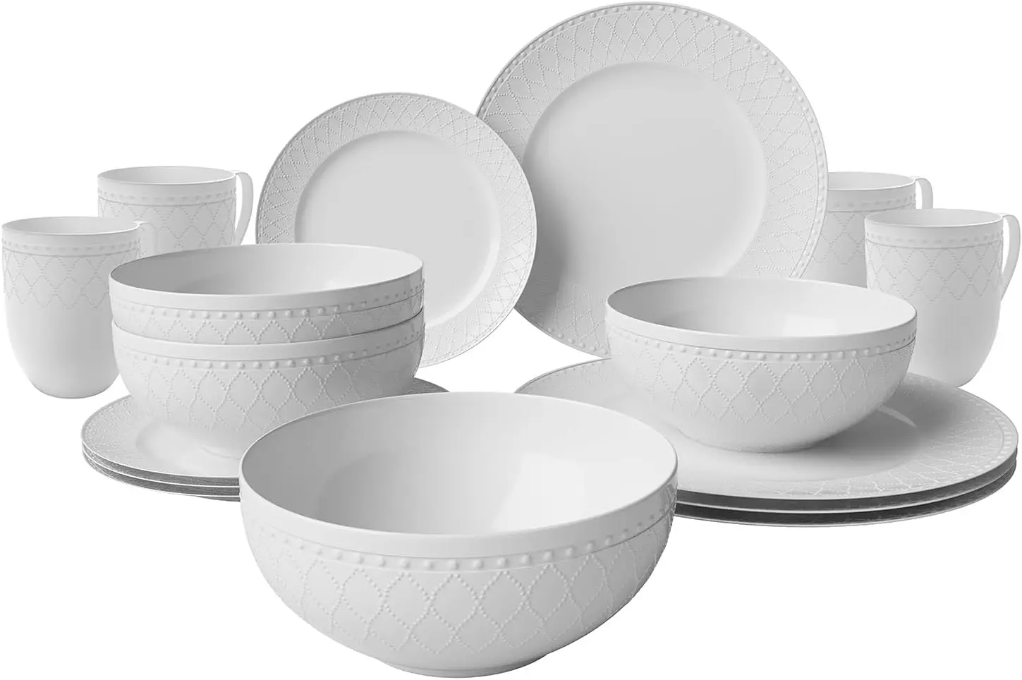 Vajilla de porcelana de hueso de malla en relieve blanco de 16 piezas con servicio de diseño ligero y duradero resistente a virutas para 4