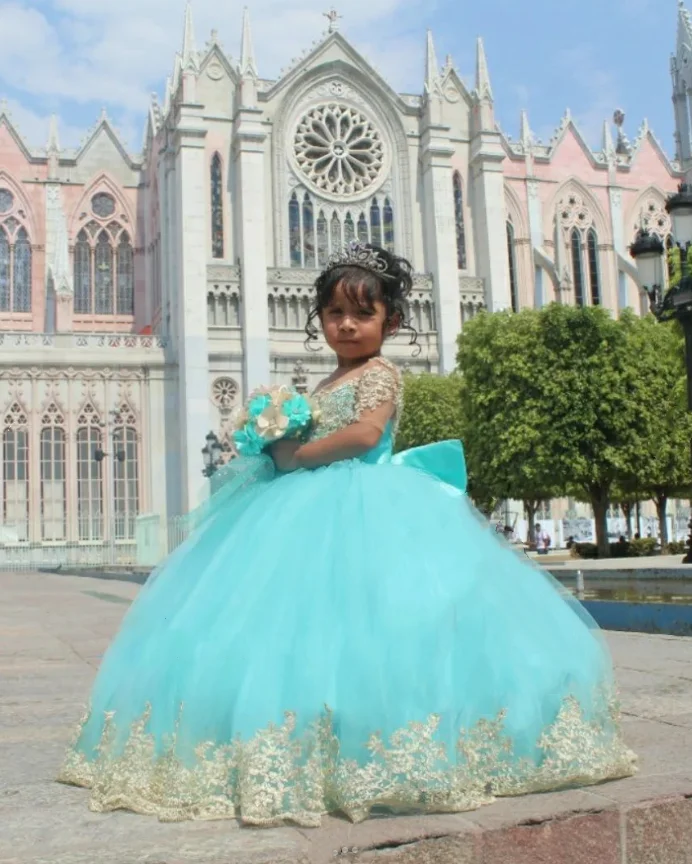 Minivestidos de quinceañera verde menta para niña, vestido de princesa de flores, manga corta, apliques de tul, 2025