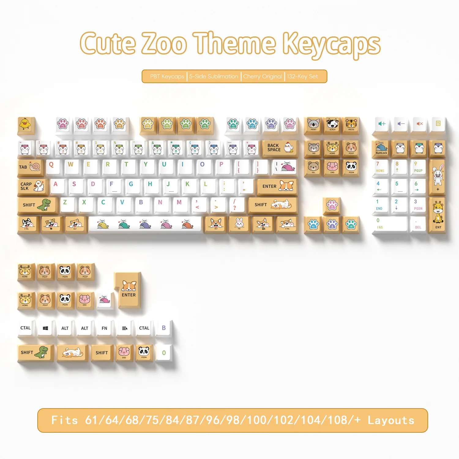 

[Original 132-key cute zoo theme] Mechanical keyboard keycap five-sided PBT hot sublimation small full set
