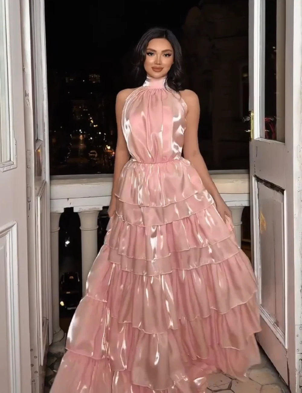 

Customized Modest Fashion Pleat Ruched Tiered A-line High Collar Floor-Length Evening Dresses Sizes Available High Quality