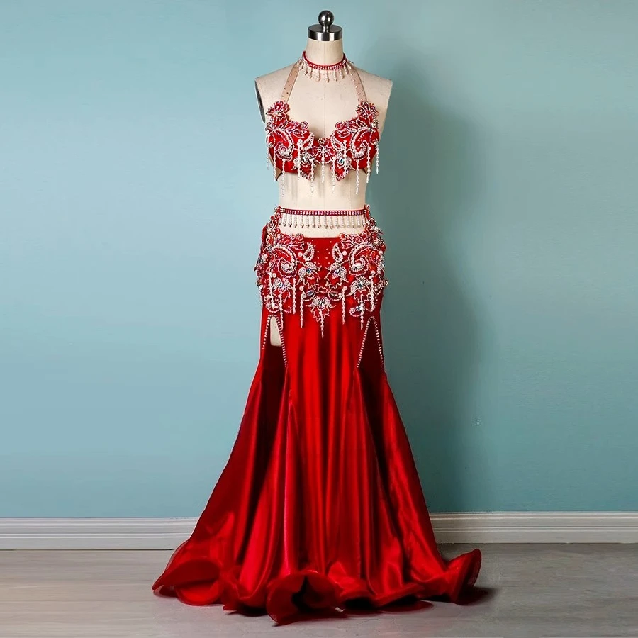 Novo terno de dança do ventre bordado diamante sutiã divisão fishtail saia desempenho conjunto high-end personalizado adulto criança roupas competição