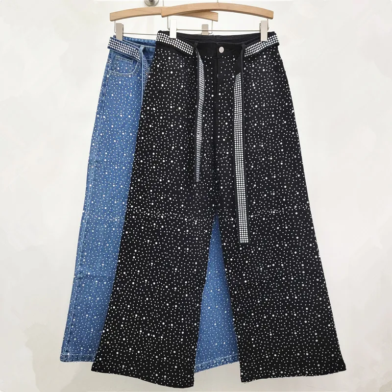 

Autumn New Full Rhinestone Jeans For Women Fashion High Waist Shining Denim Pants American Luxury Design High Street Trousers