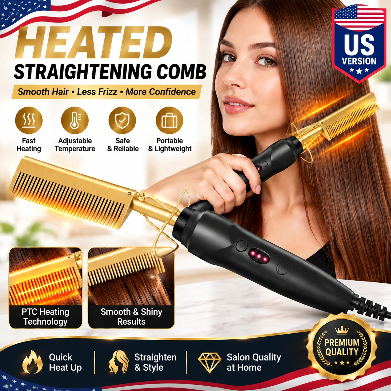 US Version Electric Hair Straightener Comb Copper Ceramic PTC Heated Curling Iron 2 In 1 Temperature Control Anti Scald  Tool