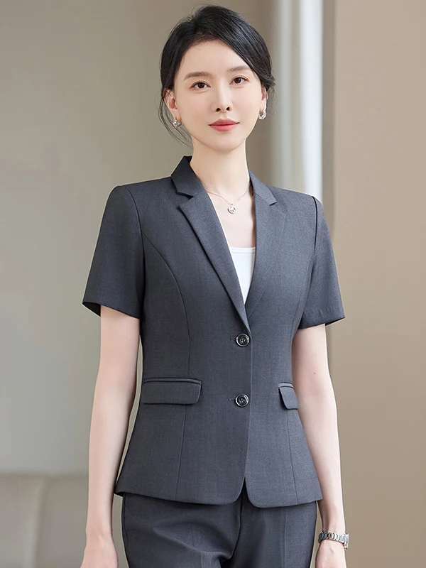 

Short Sleeve Slim Fit Professional Suit Set for Small Stature Women Hotel Front Desk Salesperson Jewelry Store Work Uniform
