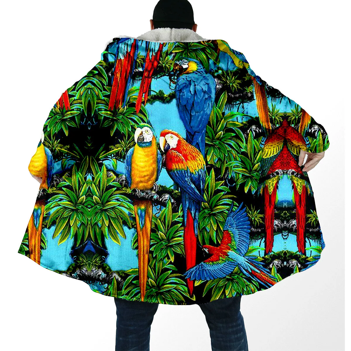 

Colorful Parrot Psychedelic Trippy Art Thick Warm Hooded Cloak Men Overcoat Coat Windproof Fleece Cape Robe Hooded Blanket-3