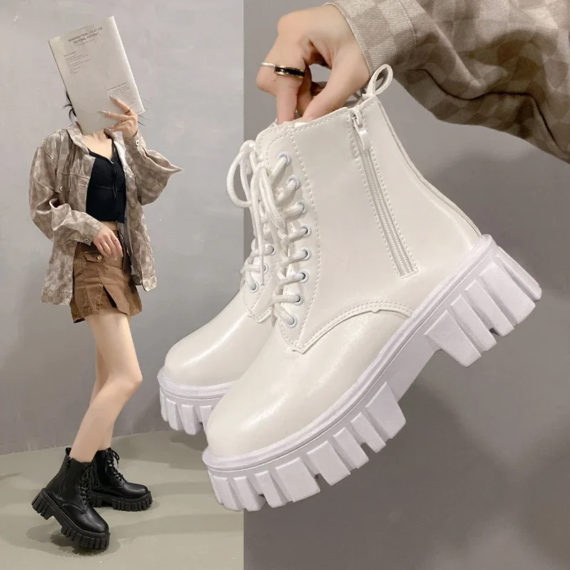 2024 White New Women Ankle Boots Autumn Winter Platform Zipper Women Punk Boots Thick Sole Lace Up Combat Booties Female Mujer