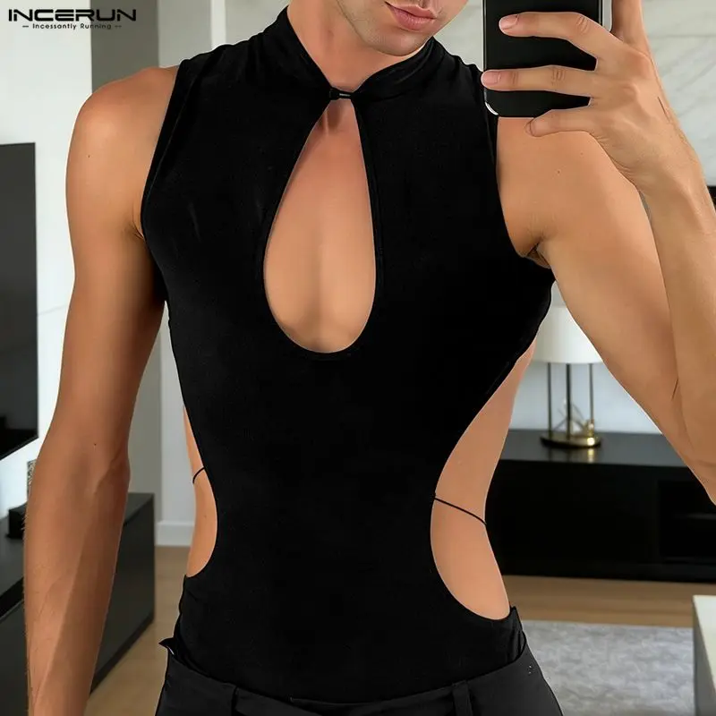 INCERUN Men Tank Tops Solid Color Hollow Out Sleeveless Sexy Male Vests Streetwear 2026 Fashion Party Men Clothes Nightclub Tops