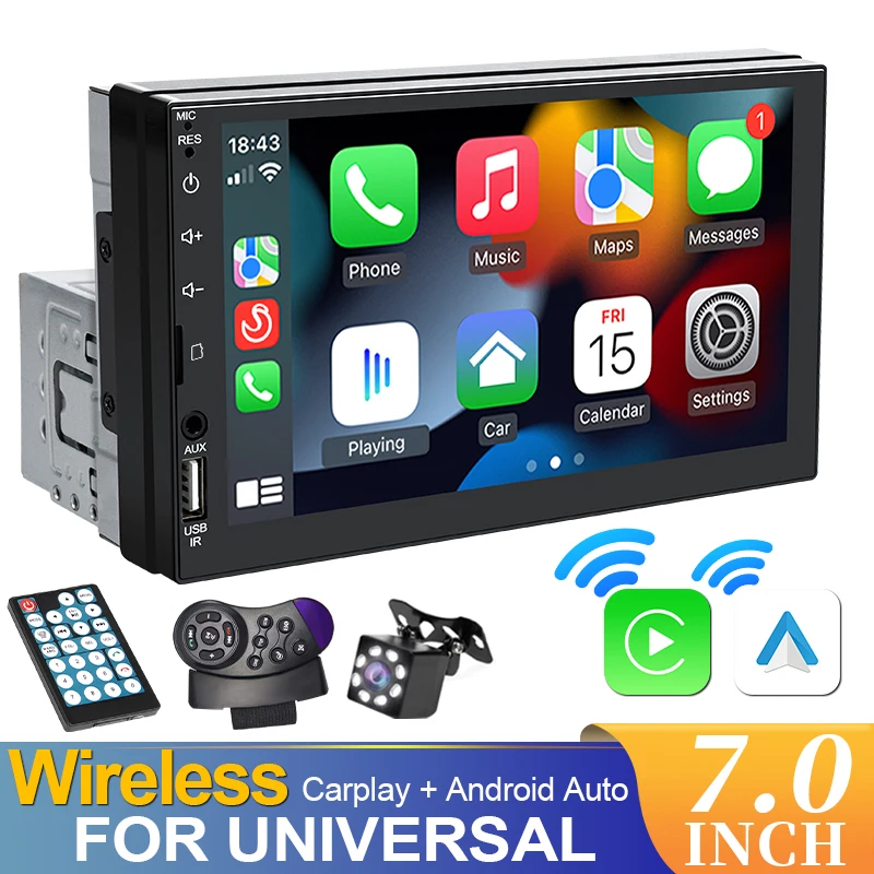 Hippcron 7 Inch 1Din Car Multimedia Player Wireless CarPlay Android Auto FM Bluetooth AUX USB Rear Camera