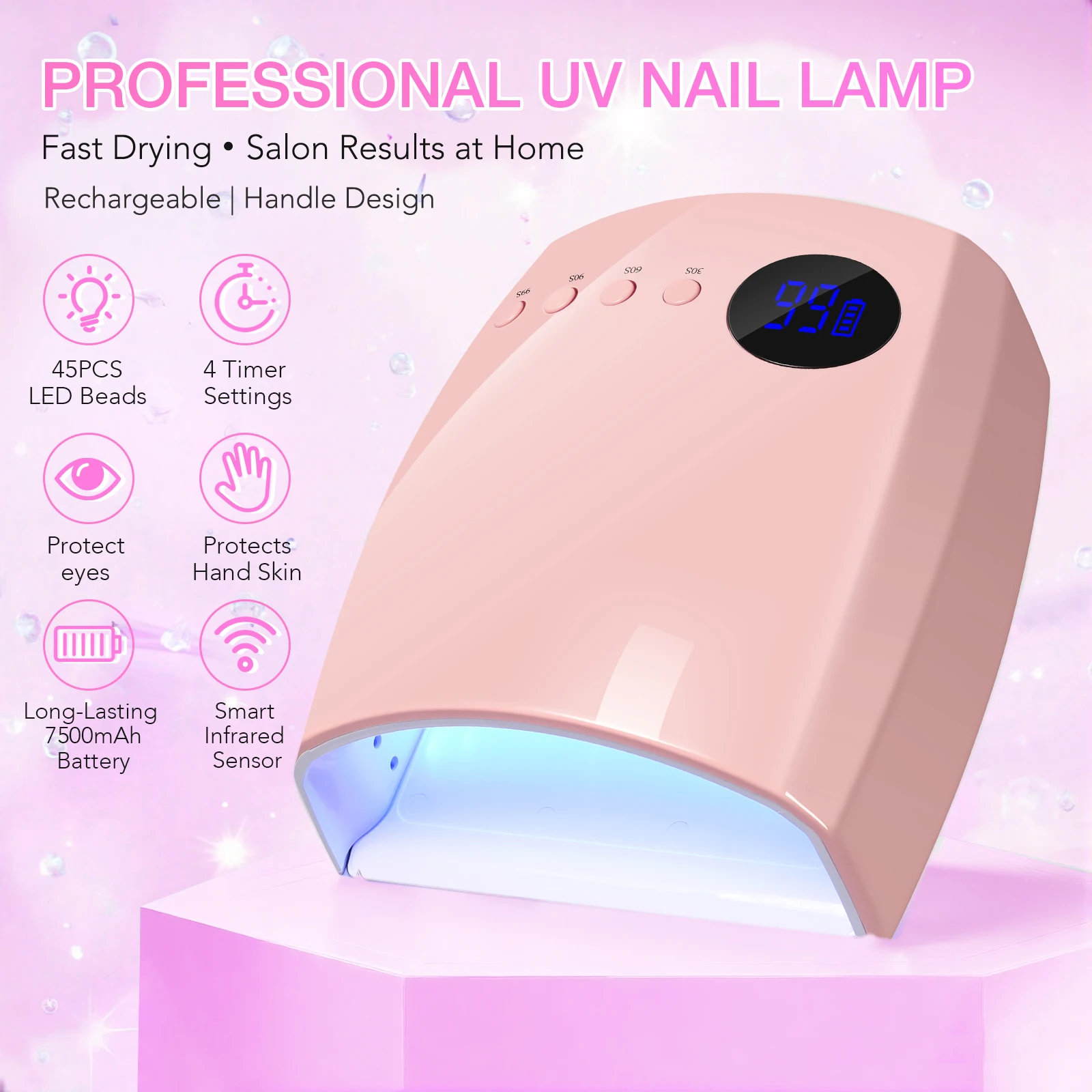 45 LEDs  4 Timers Modes 168W UV  Lamp For Nails Wireless Gel Polish Nail Dryer Pedicure Manicure Light Cordless LCD Nail Lamp