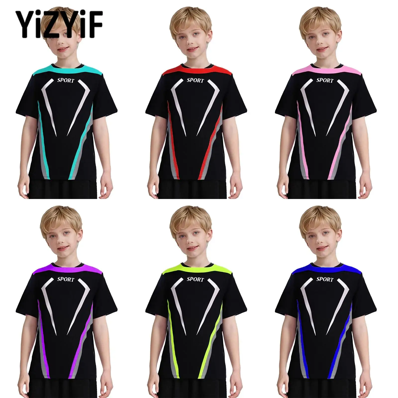 Kids Boys Breathable Basketball Workout Tops Color Block Football Jersey Letter Printed Sports Top Short Sleeve Athletic T-shirt