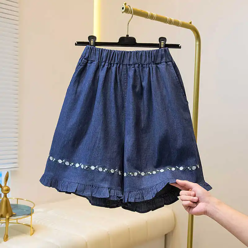 Summer Leisure Denim Shorts Women Loose Embroidery Decoration Elastic High Waist Wide Leg Short Jeans Lady Streetwear