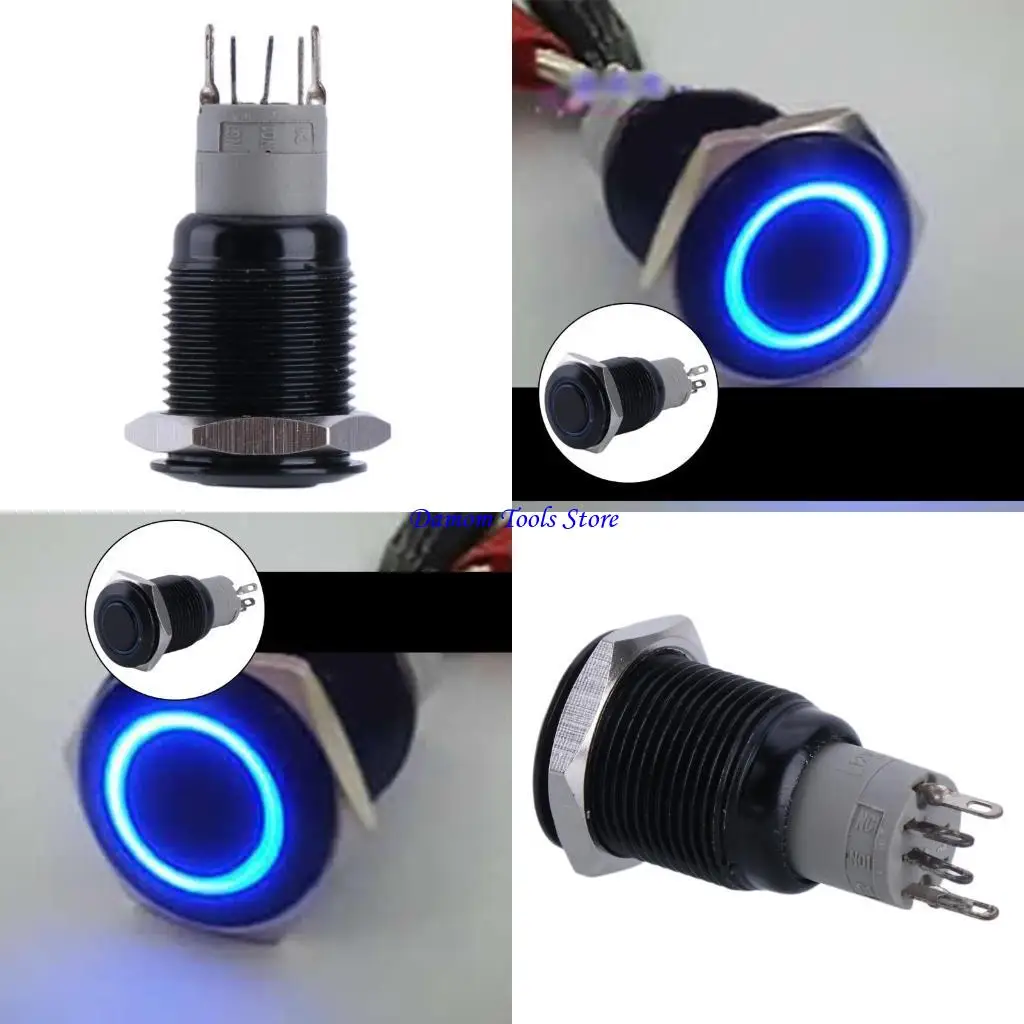 

57be Новый 16 -мм 12V синий светодиодный переключатель питания кнопка Black Aluminum Metal Latching