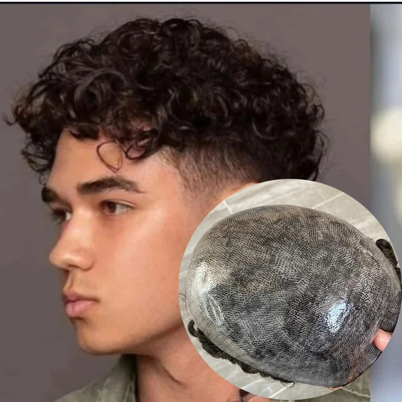 

24 мм вьющиеся мужские волосы протез коричневый серый 1B30 мужской парик полная искусственная основа человеческие волосы мужской парик светлые волосы система замены