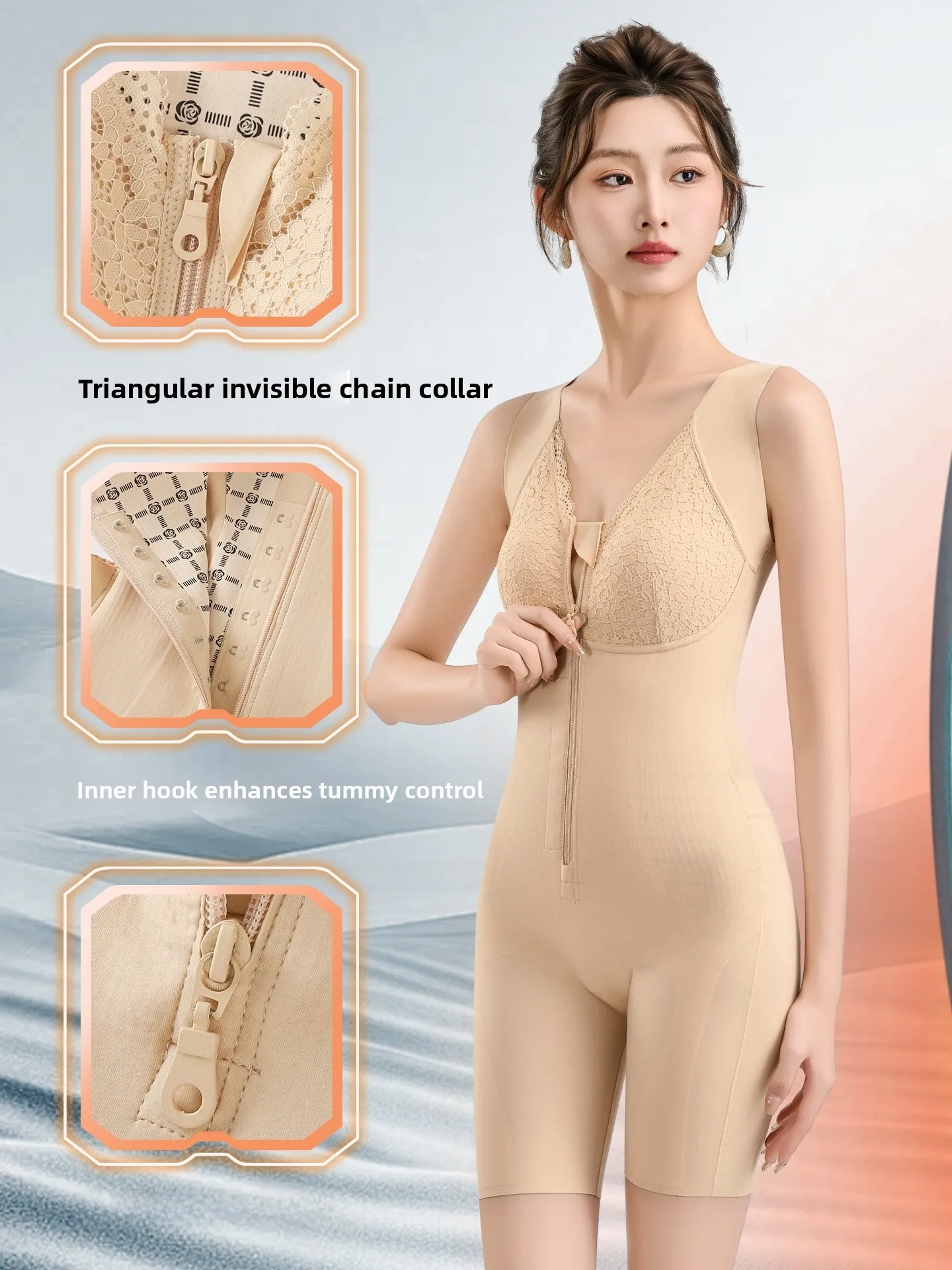 Postpartum Shapewear Bodysuit Strong Compression Zipper Design with Chest Pad Abdomen Slimming Three-quarter Sleeve V-neck