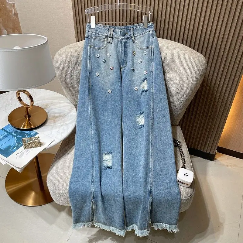 

Flower beads ripped jeans women's 2025 spring and summer new wide-leg drape casual floor-mopping trousers