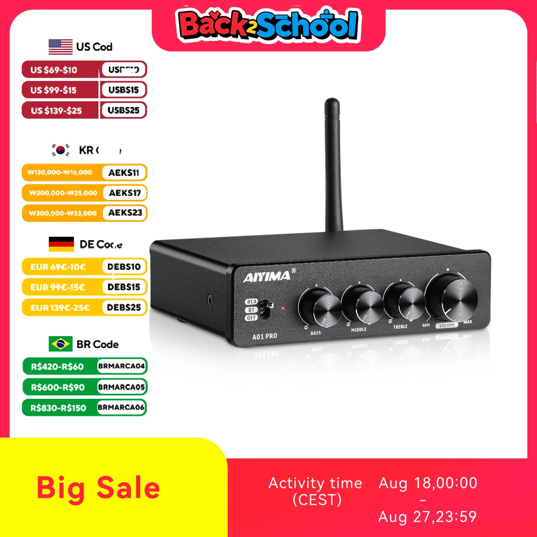 AIYIMA A01 PRO A01 Amplificatore audio TPA3116D2 Bluetooth Potenza 100Wx2 HIFI Amplificatore audio 2.0 Stereo Classe D Home Theater Amp