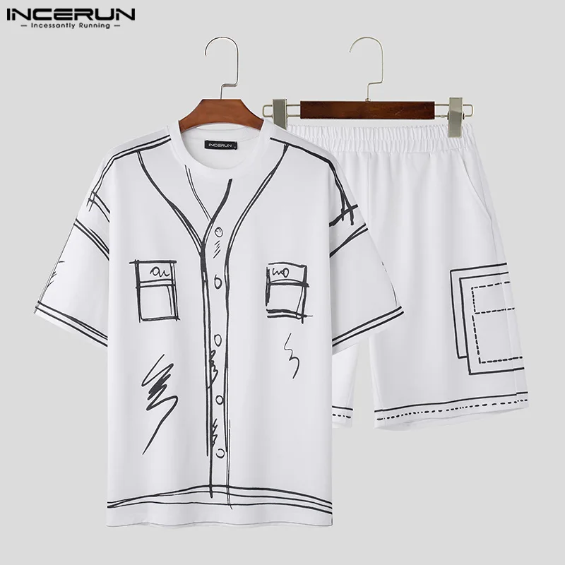 INCERUN 2024 Korean Style Mens Fashion Sets Medium Sleeved T-shirts Shorts Male Personality Graffiti Design Two-piece Sets S-5XL