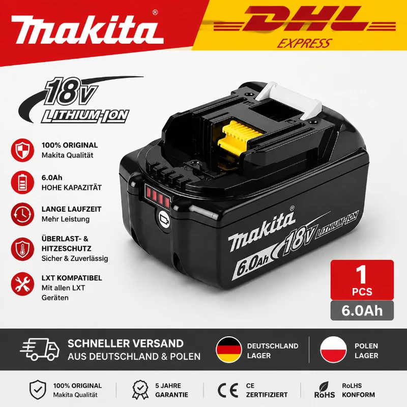 Makita Original 18V 6.0Ah Li-Ionen-Akku BL1860B BL1850B Ersatz-Akku-Pack Original OEM Wiederaufladbarer Akku Kompatibel mit Makita Akku-Bohrschrauber, Schraubendreher, Schlagschrauber, Schleifer und