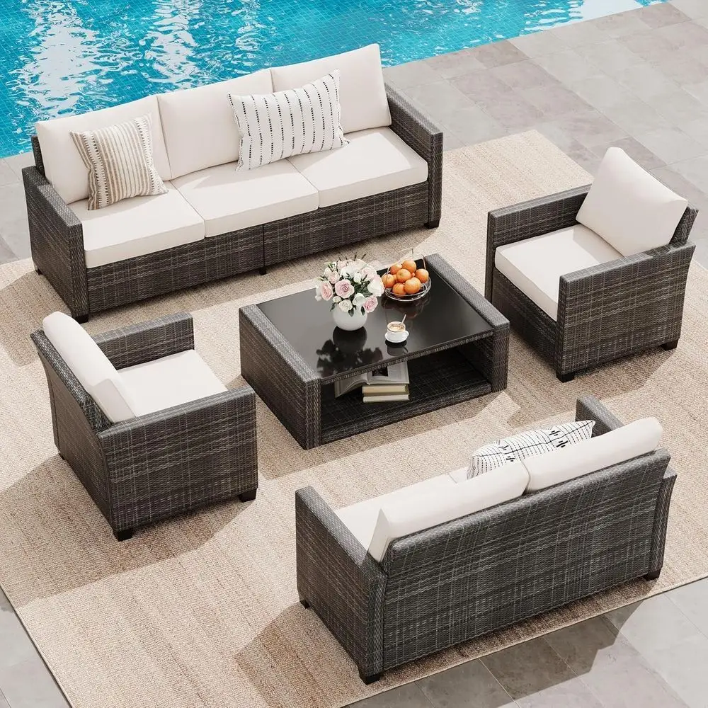 

Outdoor 5-Piece Patio Furniture Set with Sofa Chair and Cushions, Rattan Wicker for Porch or Deck