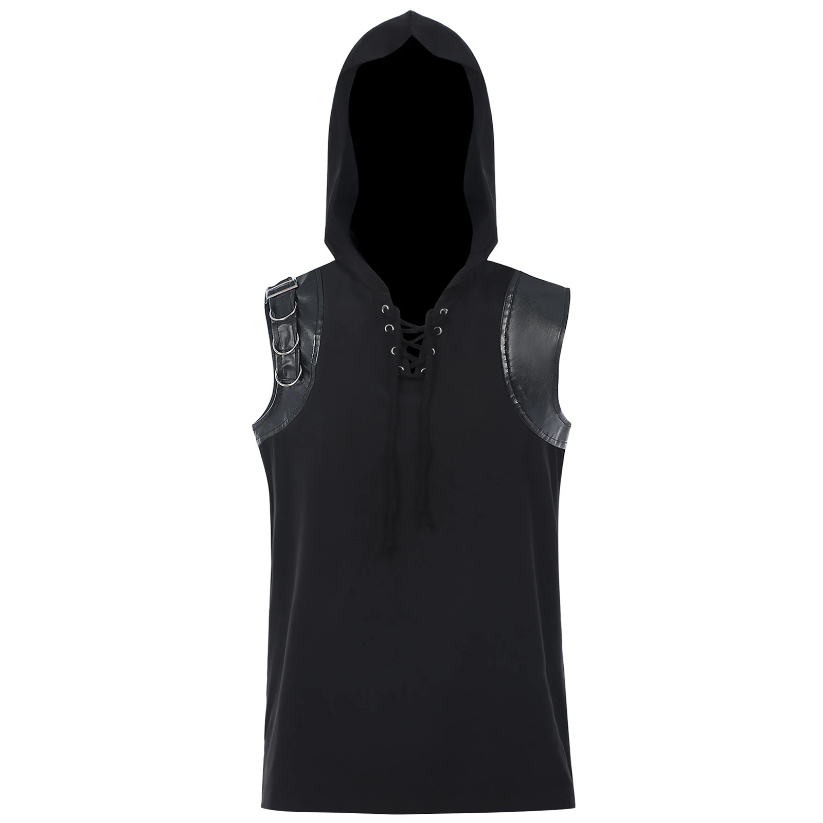 

Men Black Punk Style Hooded Tank Top Shoulder Faux Leather Patchwork Vest Medieval Pirate Sleeveless T-Shirt Tops Hip-hop Outfit
