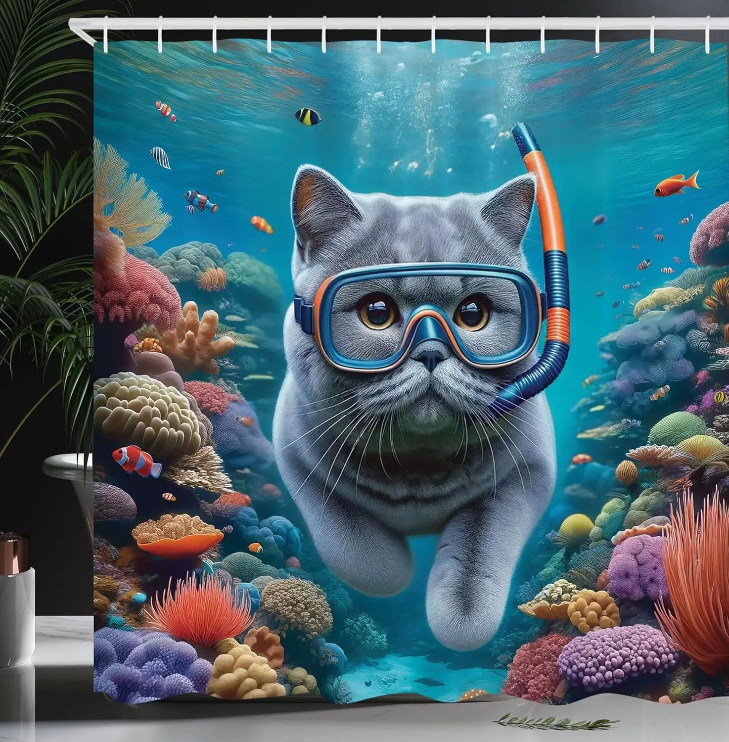 Nautical Shower Curtain, Funny Surreal Image of a Grey Cat Diving in The Deep Ocean Colorful Reef, Cloth Fabric Bathroom Decor