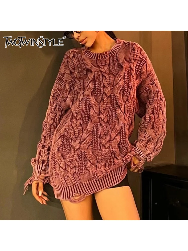 

TWOTWINSTYLE Solid Knitting Loose Minimalist Sweater For Women O Neck Long Sleeve Casual Chic Sweaters Female Fashion Style New