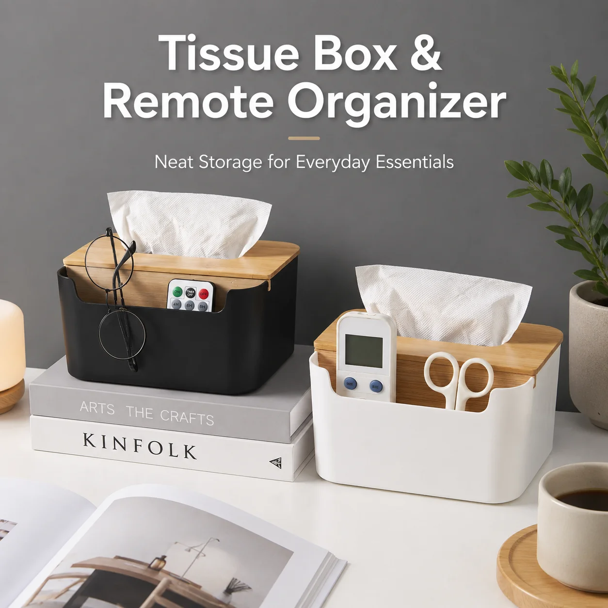 QA 2 in 1 Bamboo Tissue Box Organizer with Remote Control Storage Desktop Holder for Living Room Bedroom Office Home Storage