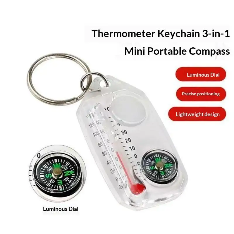 New Portable 3 In 1 Mini Compass Keychain Thermometer Magnifying Glass for Outdoor Exploration Camping Trips