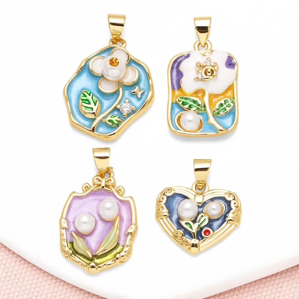 OCESRIO Graffiti Enamel Bead Flower Pendant for Necklace Copper Gold Plated Heart Medal Handmade Jewelry Making Supplies pdta337