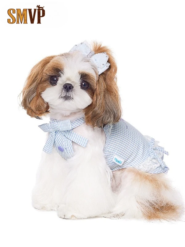 

Summer Light and Breathable Blue and White Plaid Shirt Dress Cute Elegant Style Pet Kitten Small Medium Dog Clothes