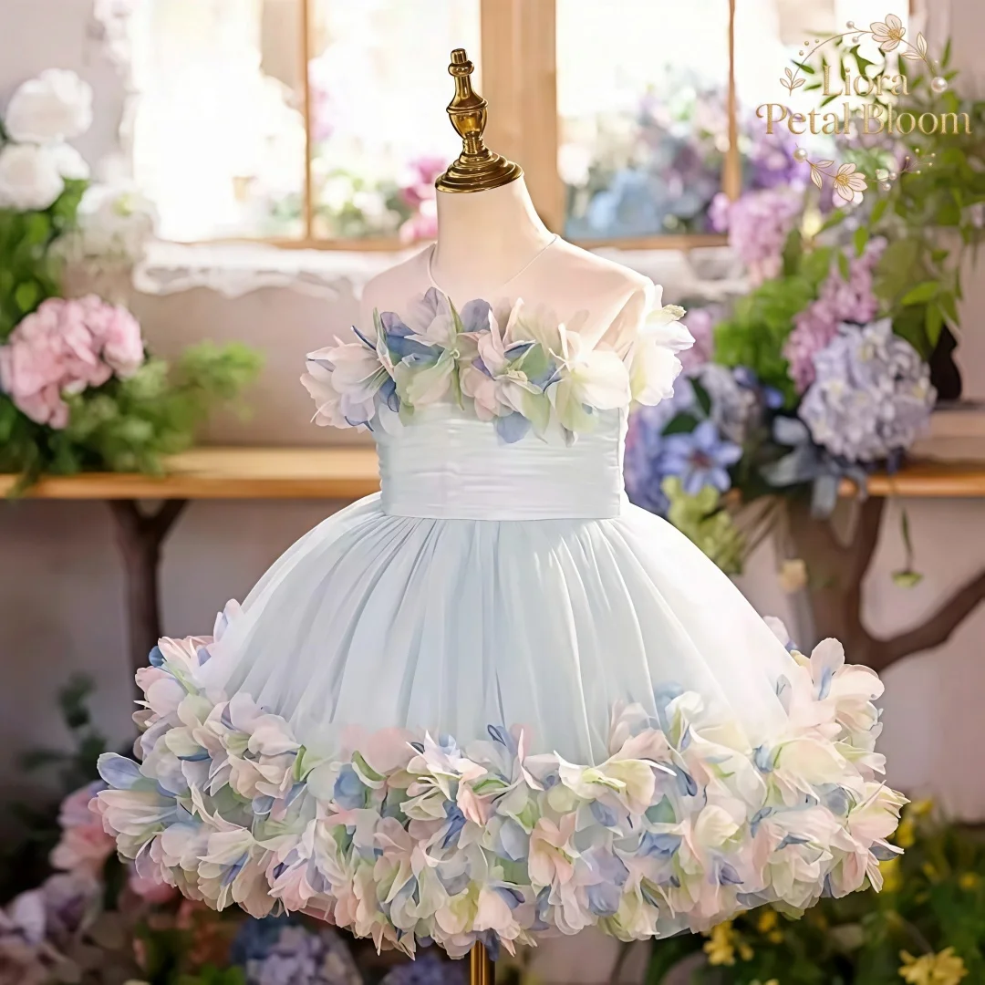 Abito da damigella d'onore per bambina stile Boho da giardino, con spalle scoperte, fiori 3D, in tulle, con strascico, blu baby, abito da principessa per concorso di bellezza