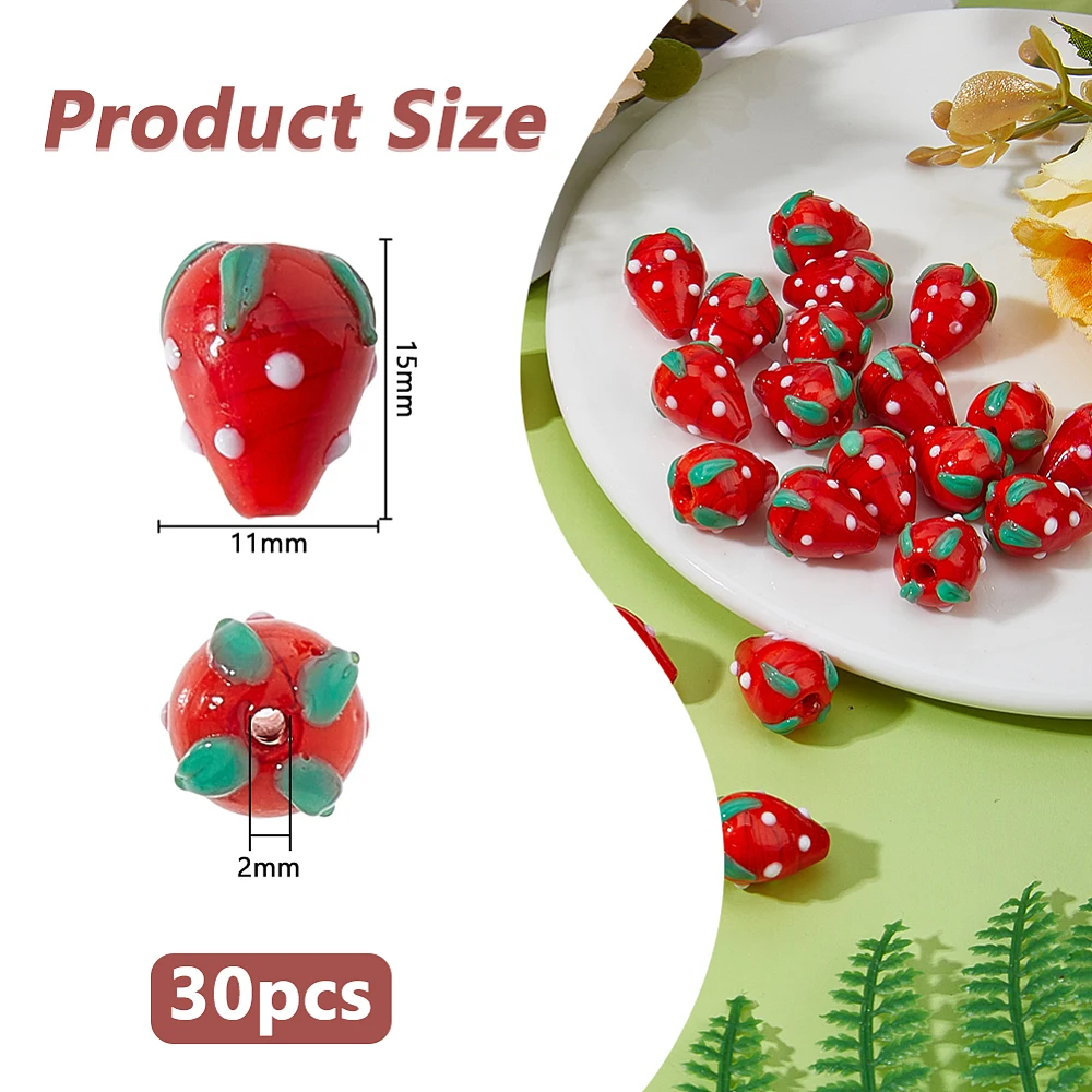 30Pcs Lampwork Glass Bead Bulk 3D Strawberry Glass Beads Red Fruit Spacer Bead Handmade Loose Beads for DIY Earrings Bracelet