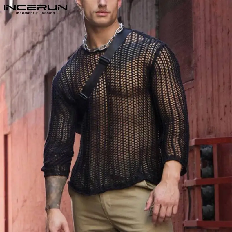 INCERUN Men Mesh T Shirt Transparent Sexy 2023 O-neck Long Sleeve Men Clothing Streetwear Solid Party Nightclub Camisetas S-5XL