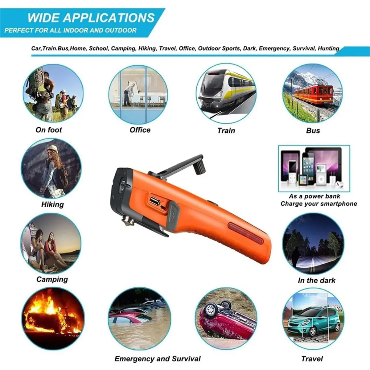 Multifunctional Emergency Car Tool: Portable Flashlight, Safety Hammer,Hand-Crank Power Bank for Vehicle Breakdowns