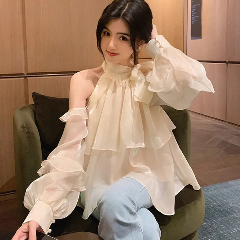 2024 Spring Summer Long Sleeve Chiffon Shirt Sexy Off The Shoulder Tops Sweet Loose Solid Ruffles Women Blouse