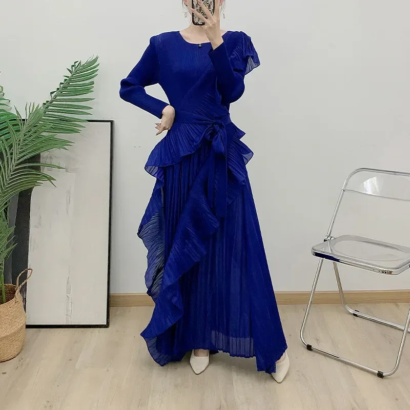 Miyake Pleated Ruffle Edge Long Dress 2024 Autumn New Solid Color Long Sleeve Dress Pleated Women\'s Dresses