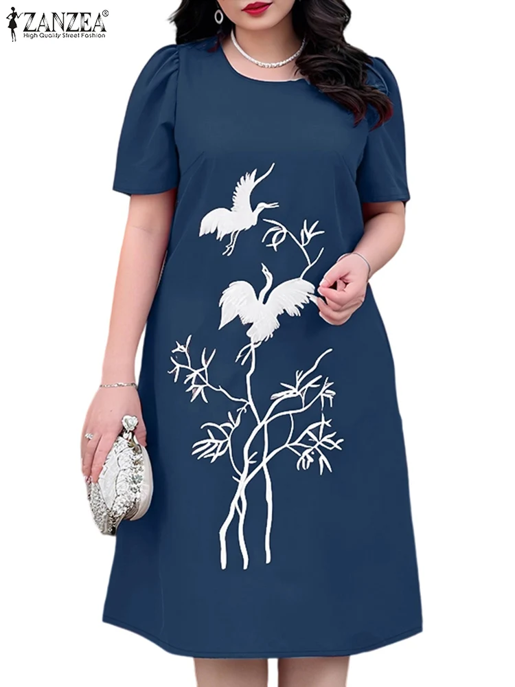

ZANZEA Woman O-Neck A-line Robes Femme Short Puff Sleeve Casual 2025 Summer Daily Knee-Length Dresses Vintage Printing Vestidos