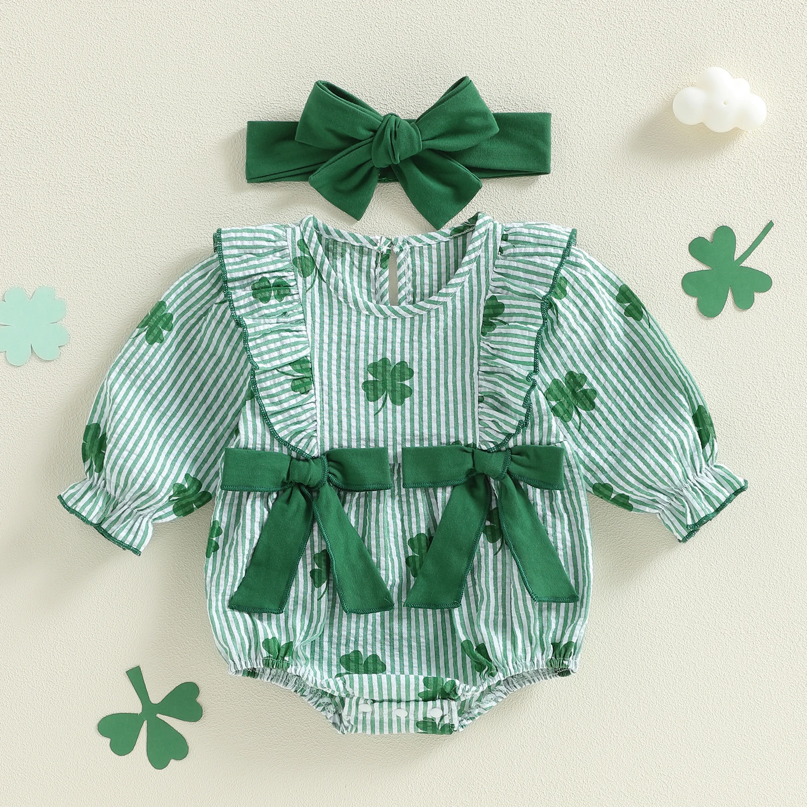 Irish Festival Baby Girls 2 Piece Bodysuits Outfits Long Sleeve Round Neck Shamrock Print Jumpsuit with Bow Headband